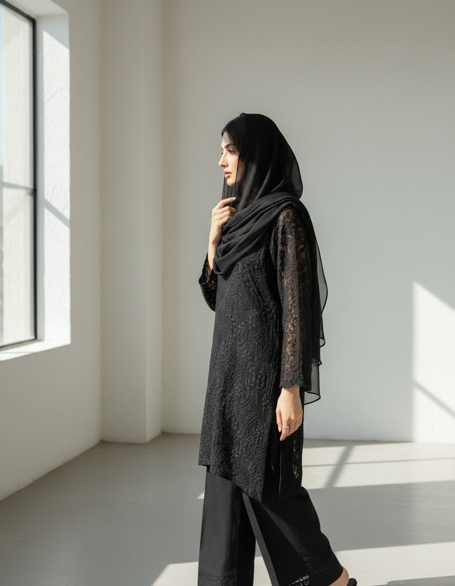SHAB - Hand Embroidered Black Chiffon Shirt