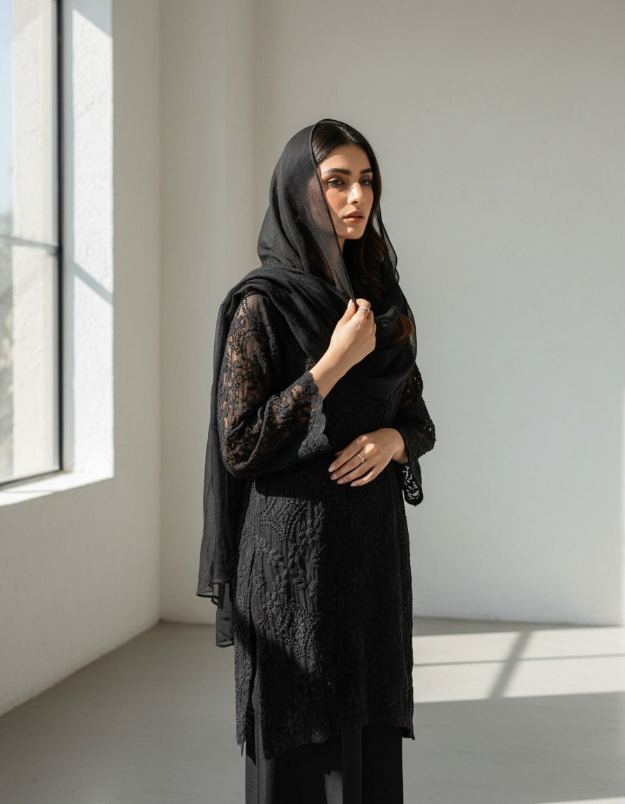 SHAB - Hand Embroidered Black Chiffon Shirt